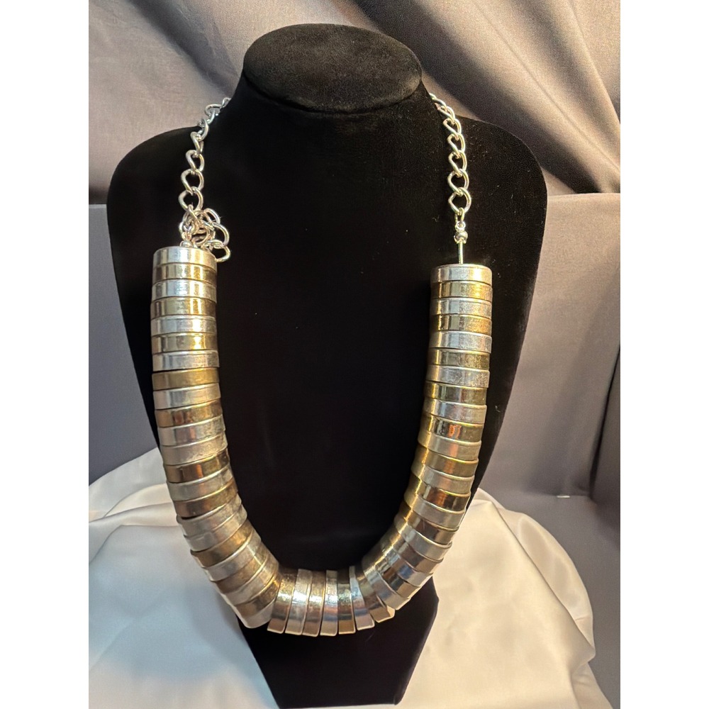 Chunky Two Tone Mixed Metal Stacked Ring Statement Collar Necklace Silver Gold